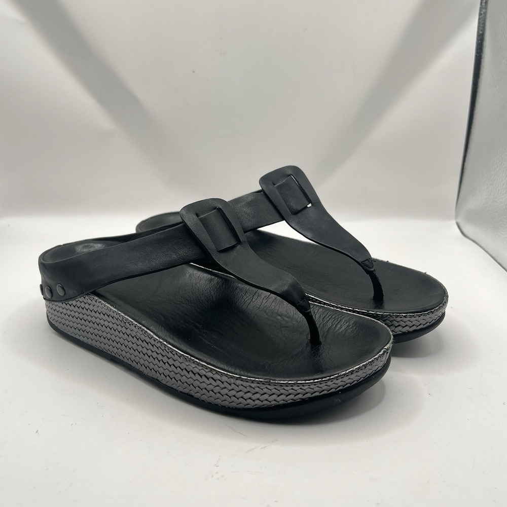 Fitflop Ibiza Thong Wedge Sandal 6 Black Leather Studded Metallic Boho Chic